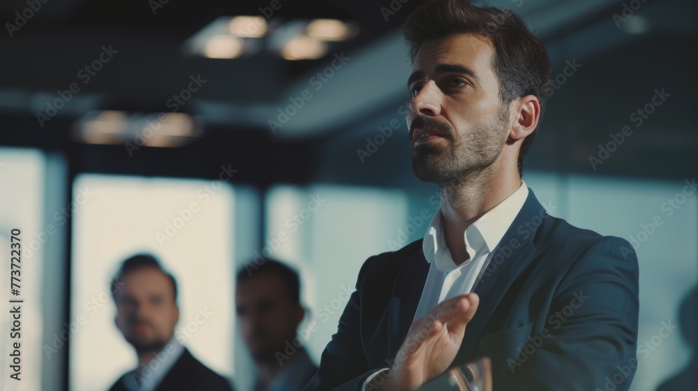 A confident businessman delivering a presentation to colleagues, inspiring them with strategic insights, Male CEO manager A confident businessman delivering a presentation to colleagues, inspiring them with strategic insights, Male CEO manager