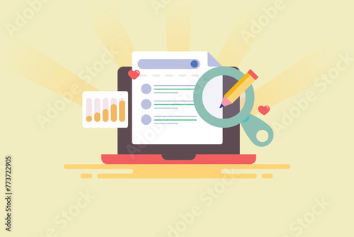 Content research and writing, adding value to blog and website information for online search engine user, SEO optimized expert content display on search page, vector illustration.