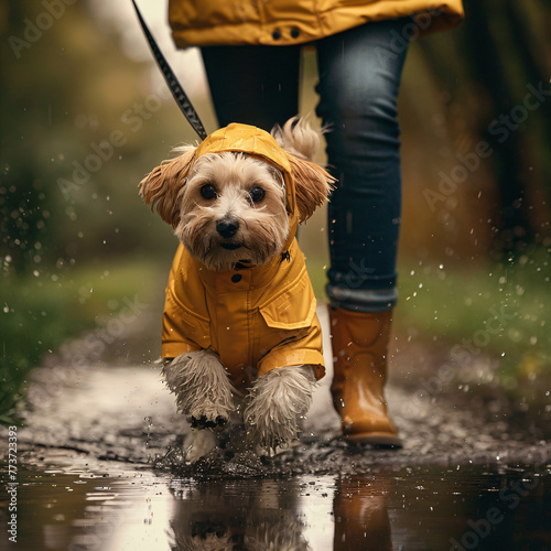 Playful puppy enjoying a rainy day walk. Waterproof pet fashion and seasonal changes theme. Suitable for veterinary poster, animal care blog, and autumn outdoor activity concept