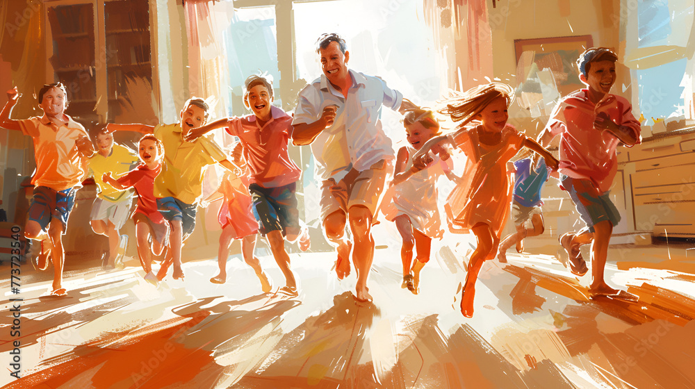 Family playing togather with kids colorful Sketch, Happy Fathers Day,Generative AI