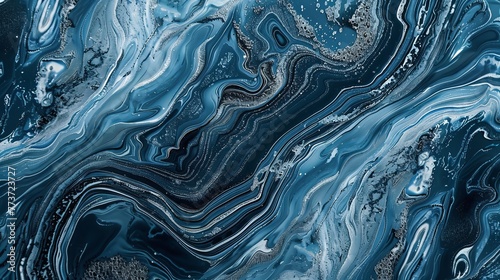 Blue and Silver Swirling Paint Patterns with Metallic Sheen © Sheharyar