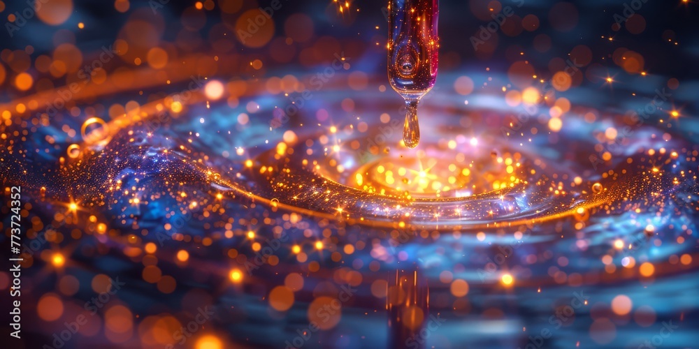 Enchanting 3D render of a magical, glowing serum dropper with a swirling, galaxy-like liquid and tiny, twinkling star-shaped particles Enchanting 3D render of a magical, glowing serum dropper with a swirling, galaxy-like liquid and tiny, twinkling star-shaped particles