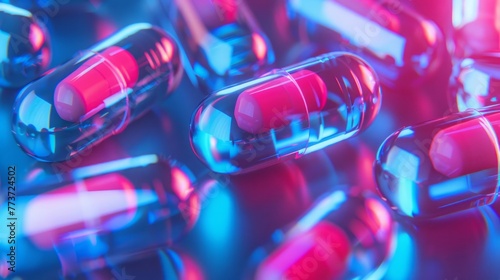 Detailed view of multiple red and blue pills displayed closely together photo