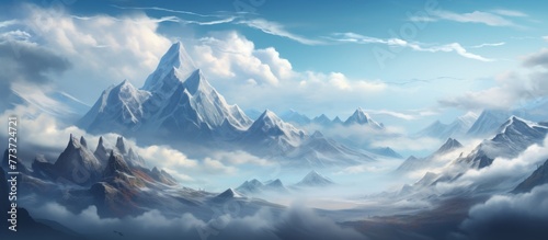 Landscape showing majestic mountains under fluffy clouds in a clear blue sky