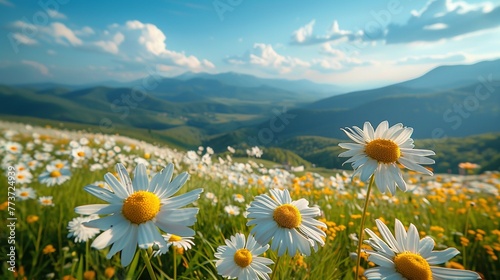 Beautiful spring and summer natural landscape with blooming field of daisies in the grass in the hilly countryside