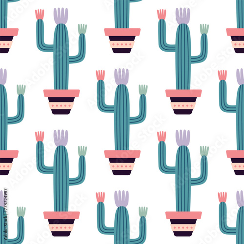 Cute cacti in boho style. Cactus seamless pattern. Trendy boho background. Cacti fabric print design. Succulent textile. Flat design, doodle style, white background