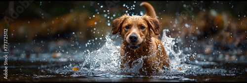 Dog dashing through water causing ripples. High-speed pet photography with natural bokeh effect. Adventure and play concept for print, greeting card design. Energetic shot with space for text.