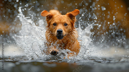 Dog dashing through water causing ripples. High-speed pet photography with natural bokeh effect. Adventure and play concept for print, greeting card design. Energetic shot with space for text. © Dmitry