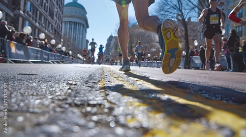 Close-up marathon leg runner event with boston marathon is one of the most prestigious and well-known marathons in the world. photo