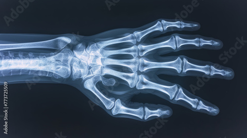 This medical image provides an in-depth look into the adult hand's bone structure through radiographic technology