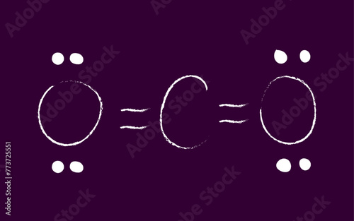 Carbon Di-Oxide Carbon dioxide (CO2) lewis structure written in handwriting style isolated on black. The dots represents the valence electrons of oxygen.
