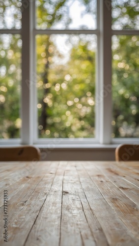 White wood table with large spring window and copy space