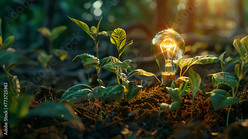 A light bulb nestled within the soil of a growing plant, sustainable innovation and growth photo