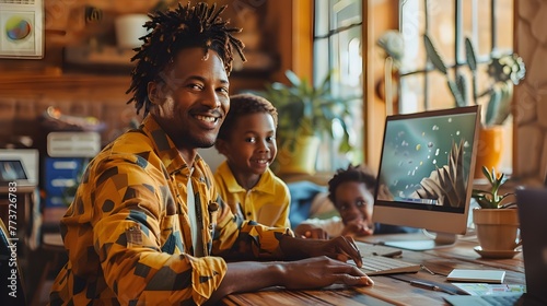 Smiling black businessman, happy confident african american man manager work from home with kids, career success entrepreneur marketing finance engineer work from home, diversity in the workplace, © Koko Art Studio