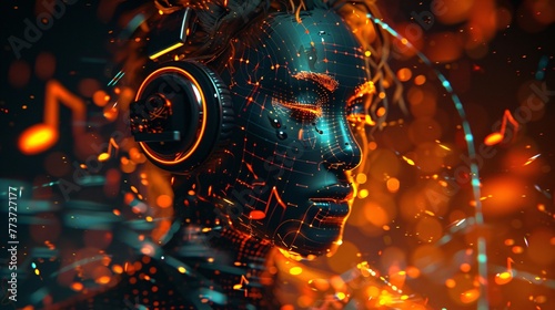 a person wearing headphones and a black face with orange lights