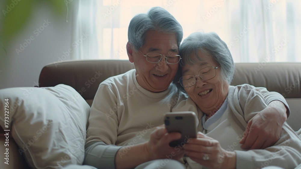 a man and woman sitting on a couch looking at a phone a man and woman sitting on a couch looking at a phone