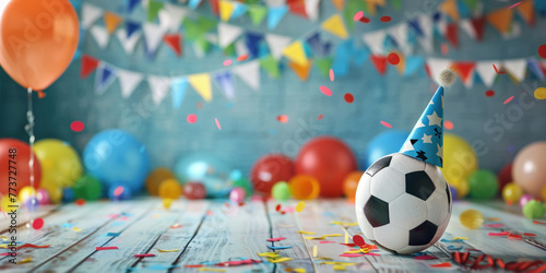 Soccer football ball with a birthday party hat. Celebration background. Sports kid child birthday party celebration concept graphic banner with copy space place for text