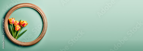 A wooden circular frame surrounds a beautiful bunch of yellow and red tulips set on a soft teal background with copy space. spring time concept banner #773727909