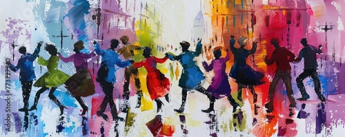 Colorful abstract painting of a dance party