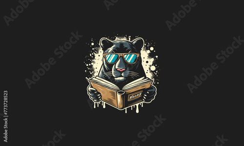 panther wearing sun glass reading book vector artwork design