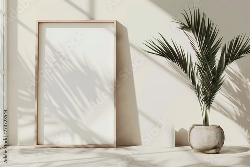 Blank wooden picture frame hanging onwhite wall. Empty poster mockup for art display in sunlight. Minimal interior design.Palm leaves shadow overlay. Summer design. Copy space. No people. photo