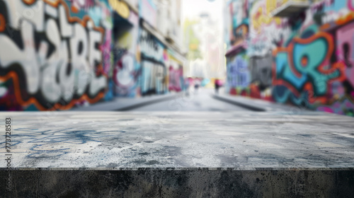An urban scene showcasing street art and graffiti along a city alleyway, capturing the raw essence and culture of street expression