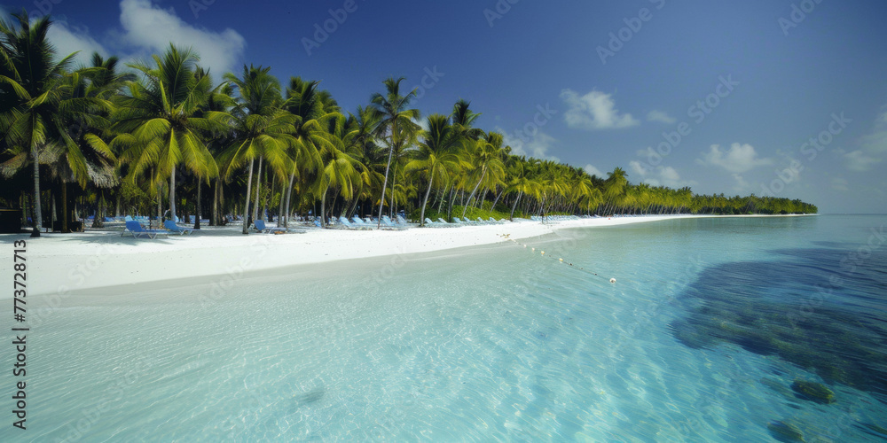 A beautiful beach with palm trees and a clear blue ocean. The beach is empty and the water is calm