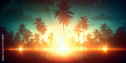 A tropical scene with palm trees and a sunset