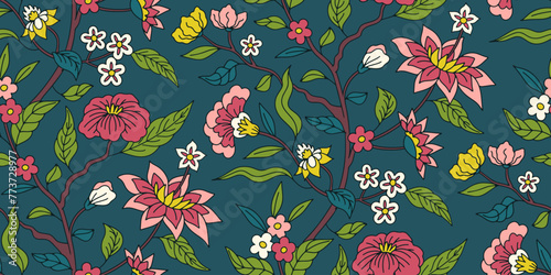 Seamless pattern with pink chinoiserie hand drawn motifs. Floral wallpaper with orintal folk style ornament.