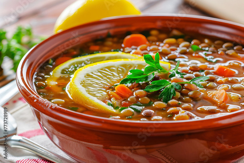 Lentil soup, garnished with a slice of lemon and fresh herbs. photo