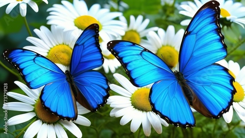 colorful blue tropical morpho butterflies on delicate daisy flowers painted with oil paint photo