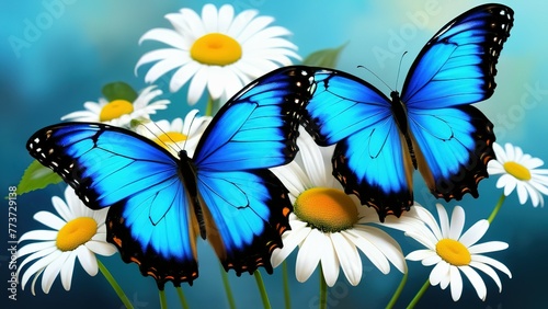 colorful blue tropical morpho butterflies on delicate daisy flowers painted with oil paint