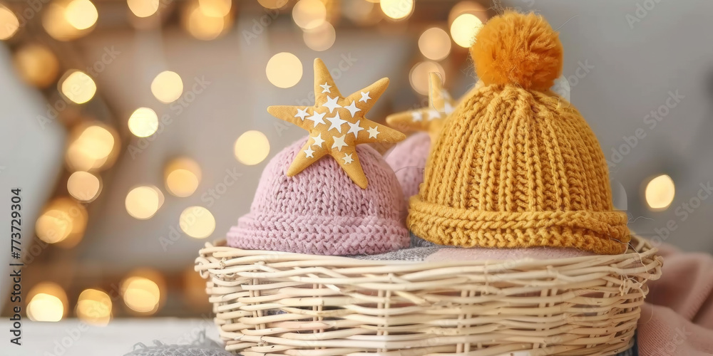 A basket of hats with stars on them. The hats are pink and yellow