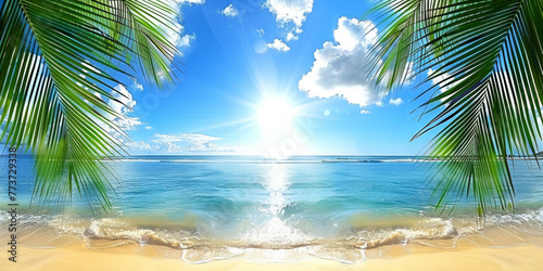 A beautiful beach scene with palm trees and a bright sun. The sky is blue and the water is calm. Concept of relaxation and tranquility