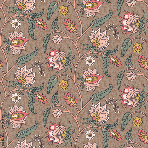 Floral seamless pattern with earthy indian trailing flowers motifs. Persian boho chic repeat background. Tribal textile print.
