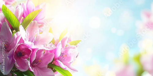 A beautiful pink flower with green leaves is the main focus of the image. The flower is surrounded by a blue sky  which adds a sense of calmness and serenity to the scene