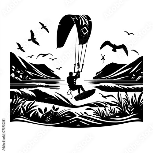 Kitesurfing vector silhouette illustration 