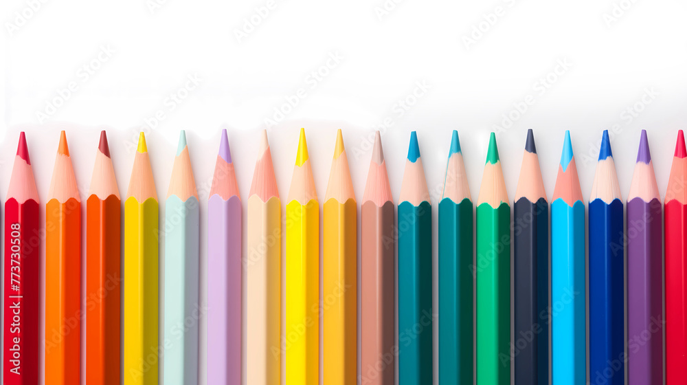 Close up photo of Pencils rolls in a row. Colour pencils isolated on white background. Stationery set. art supply. Close up photo of Pencils rolls in a row. Colour pencils isolated on white background. Stationery set. art supply.