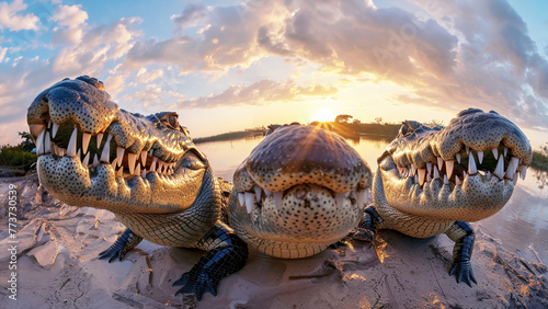 Two crocodiles are sitting on the sand with their mouths wide open photo