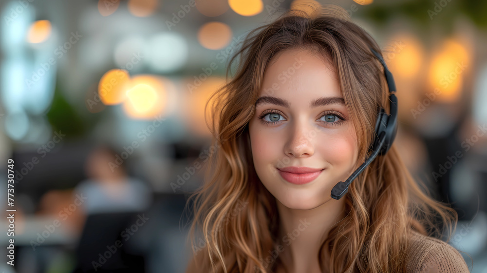 Close up portrait of a pretty woman wearing headphone. Photography for call center employee, freelance, assistant, communicating online, tech support. Looking at camera, smiling friendly. Close up portrait of a pretty woman wearing headphone. Photography for call center employee, freelance, assistant, communicating online, tech support. Looking at camera, smiling friendly.