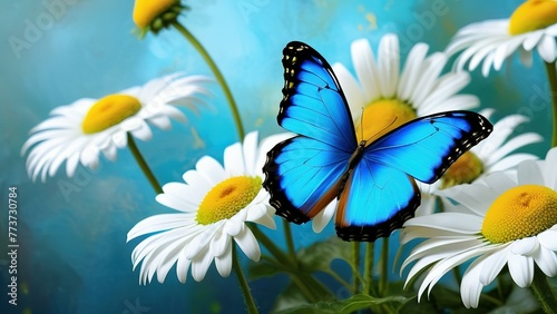 colorful blue tropical morpho butterflies on delicate daisy flowers painted with oil paint © Jennifer