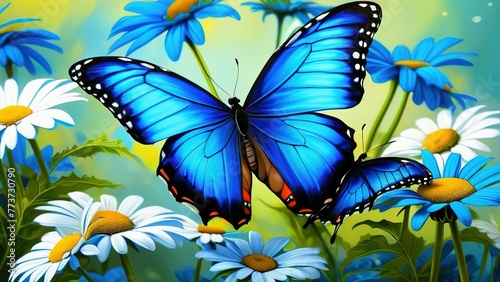 colorful blue tropical morpho butterflies on delicate daisy flowers painted with oil paint © Jennifer