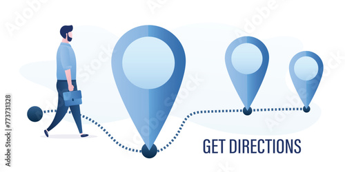 Get direction, concept banner. business man walking on a right direction. Confidence businessman going to goals, step by step. Navigation, search right location