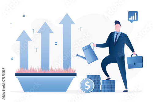 Confident businessman watering growing arrows in pot. Grow business concept. Prosperity, growth or increase revenue income, personal development, investment profit.