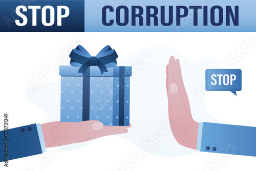 Hand refusing bribe gift. Person rejecting an unsolicited unwanted bribery present. Deception, stop corruption, scam. photo