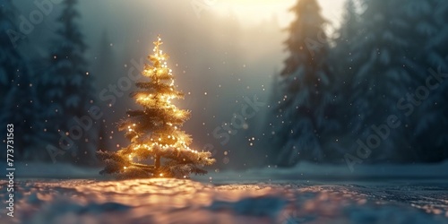 A Christmas tree illuminated in the midst of a snow-covered forest © tashechka