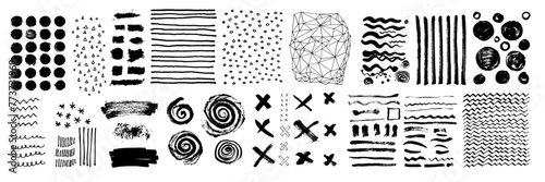 Grungy vector hand-drawn brushstroke textures on transparent background. Lines, circles, crosses, smears, dots spirals, waves, brush strokes, waves triangles and lattice. Hand drawn elements set photo