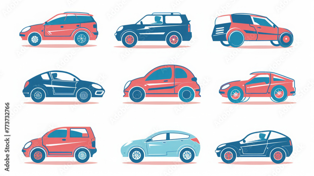 Auto icons. blue and red colors. minimalist style
