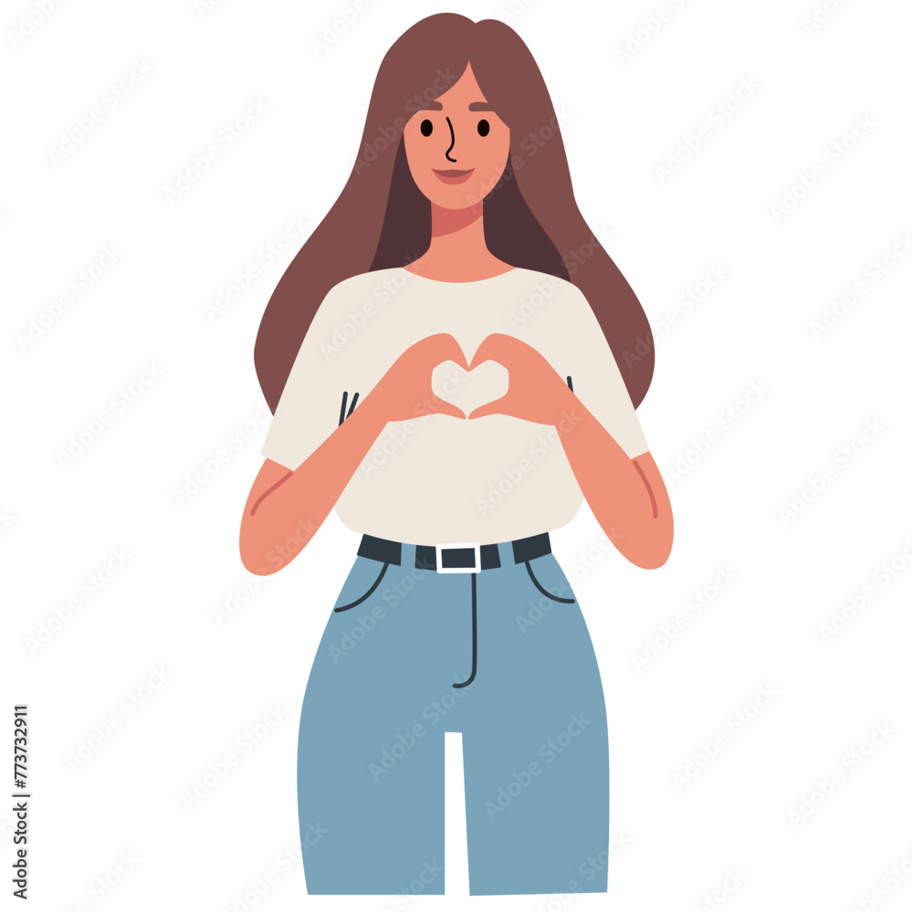 Flat vector illustration. Cute woman standing and showing heart with two hands . Vector illustration Flat vector illustration. Cute woman standing and showing heart with two hands . Vector illustration