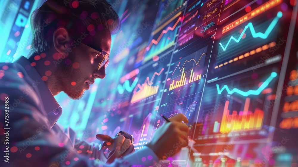 Data science, Aata analyst examining charts and graphs, analyzing trends and patterns in data sets, Data visualizations representing the analysis and interpretation of data